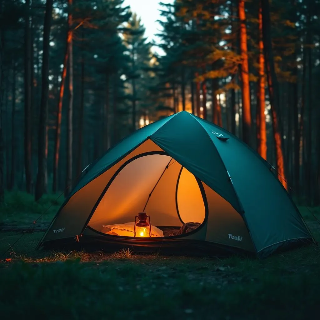 Camp pitched in a mountain valley at golden hour